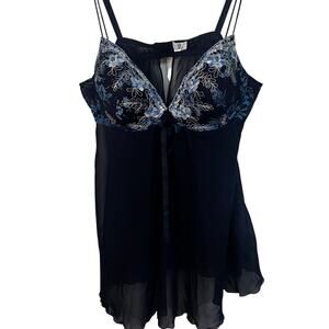 Enchanted Sheer Babydoll Chemise | Blue Floral Silver Embroidered | Size 4X